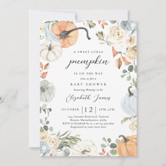 ブルー素朴フローラカボチャ男の子ベイビーシャワー 招待状 (正面)