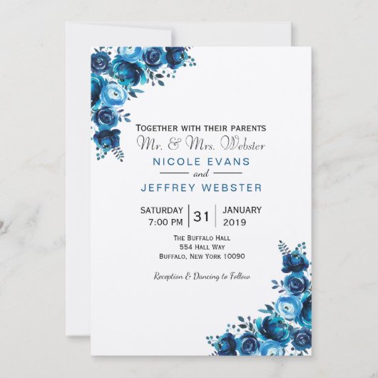 ブルー素朴フローラカントリー結婚バーズカード 招待状 (正面)