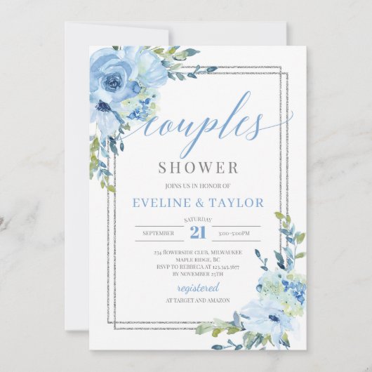 ブルー素朴フローラシルバーフレームカップル 招待状 (正面)