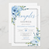 ブルー素朴フローラシルバーフレームカップル 招待状 (正面/裏面)