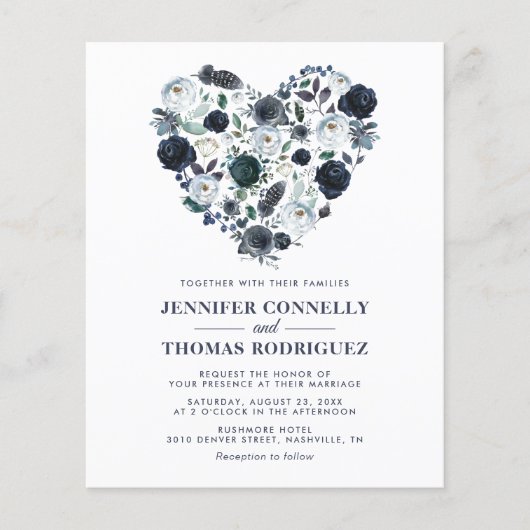 ブルー素朴フローラハート予算結婚式招待状 (正面)