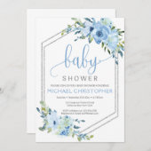 ブルー素朴フローラボーイベビーシャワー招待状 招待状 (正面/裏面)