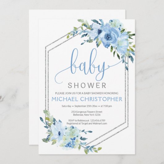ブルー素朴フローラボーイベビーシャワー招待状 招待状 (正面/裏面)