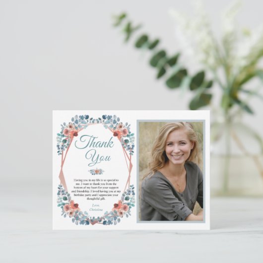 ブルー素朴フローラ50th誕生日ありがとう写真 ポストカード (スタンド正面)