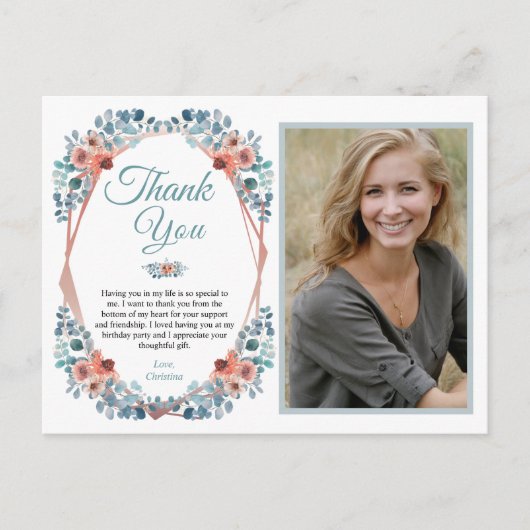 ブルー素朴フローラ50th誕生日ありがとう写真 ポストカード (正面)