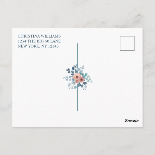 ブルー素朴フローラ50th誕生日ありがとう ポストカード (裏面)