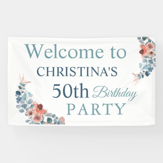 ブルー素朴フローラ50th誕生日パーティーへようこそ 横断幕 (横)