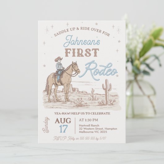 ブルー素朴ブラウンカウボーイファーストRodeo 1st誕生日 招待状 (スタンド正面)