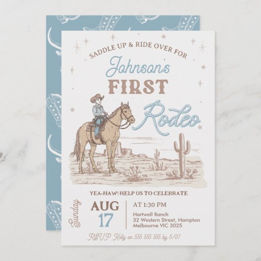 ブルー素朴ブラウンカウボーイファーストRodeo 1st誕生日 招待状 (正面/裏面)