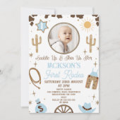 ブルー素朴ブラウンボーイズ最初のロデオ1歳の誕生日 招待状 (正面)