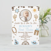 ブルー素朴ブラウンボーイズ最初のロデオ1歳の誕生日 招待状 (スタンド正面)