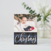 ブルー素朴プレイドメリークリスマスフォト シーズンポストカード (スタンド正面)