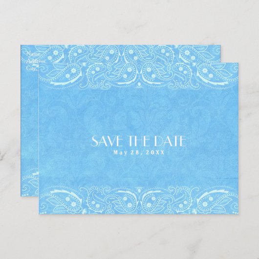 ブルー素朴ペイズリーカントリーウェスタン日付を保存 案内ポストカード (正面/裏面)