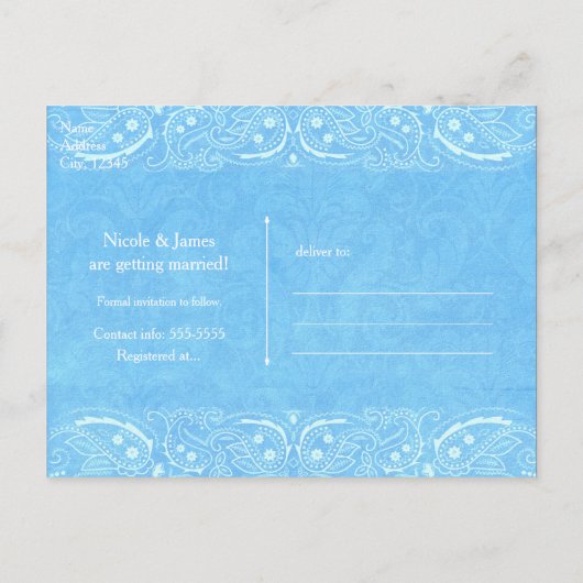 ブルー素朴ペイズリーカントリーウェスタン日付を保存 案内ポストカード (裏面)