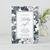 ブルー素朴ボタニカルカリグラフィホリデーパーティー 招待状 (スタンド正面)