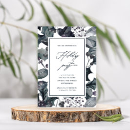 ブルー素朴ボタニカルカリグラフィホリデーパーティー 招待状