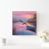 ブルー素朴ボートピンクの空の反射 スクエア壁時計 (ホーム)