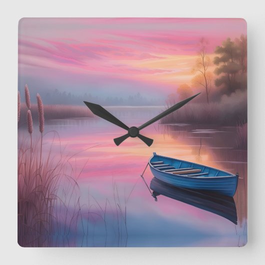 ブルー素朴ボートピンクの空の反射 スクエア壁時計 (正面)