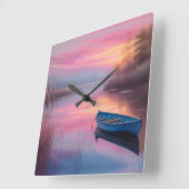 ブルー素朴ボートピンクの空の反射 スクエア壁時計 (傾斜)