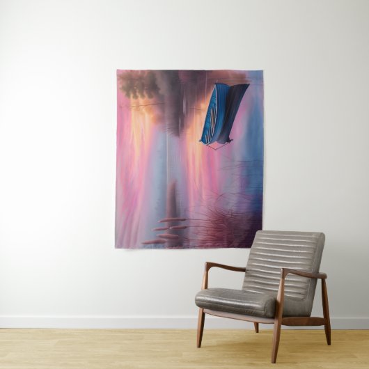 ブルー素朴ボートピンクの空の反射 タペストリー (インサイチュ)