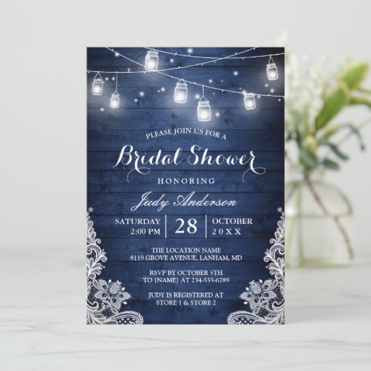 ブルー素朴メイソンジャースライツレースブライダルシャワー 招待状 (スタンド正面)