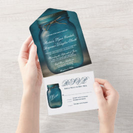 ブルー素朴メイソンJARカントリー結婚式 オールインワン招待状