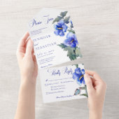 ブルー素朴モーニンググローリーフローラディナー オールインワン招待状 (貼ってはがせる)