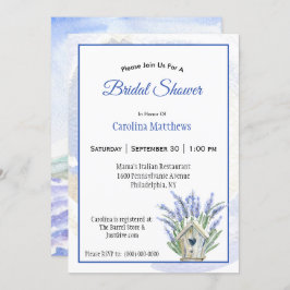 ブルー素朴ラベンダーバードハウスブライダルシャワー 招待状