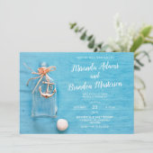 ブルー素朴リトルフラスコ、いかり、ビーチ結婚式 招待状 (スタンド正面)