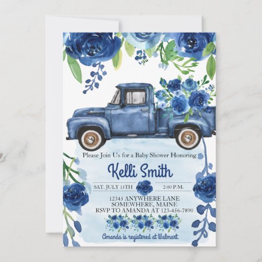 ブルー素朴ヴィンテージトラックベビーシャワー招待状 招待状 (正面)
