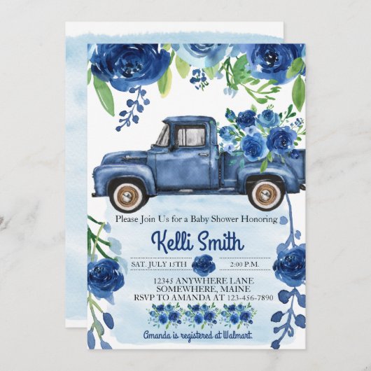 ブルー素朴ヴィンテージトラックベビーシャワー招待状 招待状 (正面/裏面)