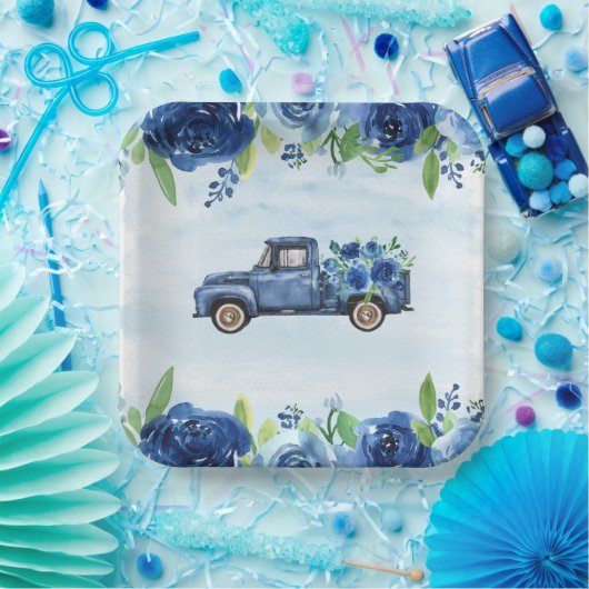 ブルー素朴ヴィンテージトラックベビーシャワー紙プレート ペーパープレート (パーティー)