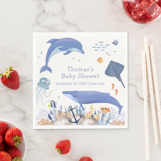 ブルー素朴海ドルフィンホエールボーイ赤ちゃんシャワー スタンダードランチョンナプキン (インサイチュ)