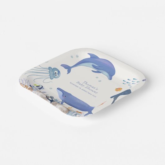 ブルー素朴海ドルフィンホエールボーイ赤ちゃんシャワー ペーパープレート (傾斜あり)