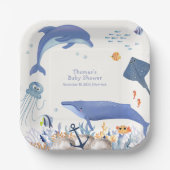 ブルー素朴海ドルフィンホエールボーイ赤ちゃんシャワー ペーパープレート (正面)