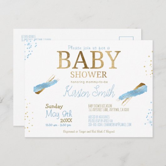 ブルー素朴男の赤ちゃんシャワー招待状 ポストカード (正面/裏面)