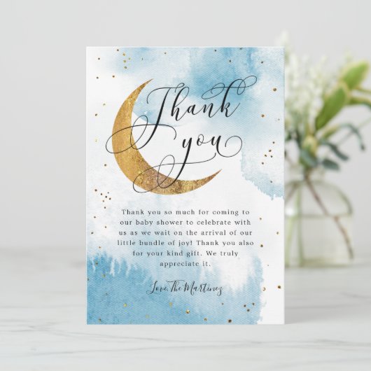 ブルー素朴金ゴールドムーンスターズ赤ちゃんシャワー サンキューカード (スタンド正面)