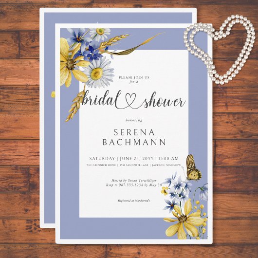 ブルー素朴&イエローワイルドフラワーブライダルシャワー 招待状