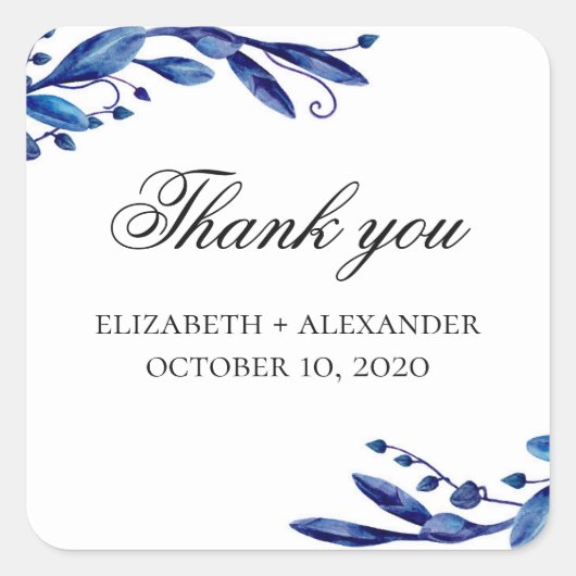 ブルー結婚の感謝してい君よ。フローラ水色 スクエアシール (正面)