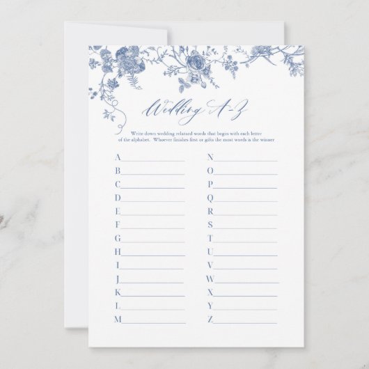 ブルー結婚のA-Zアルファベットブライダルシャワーゲームカード 招待状 (正面)