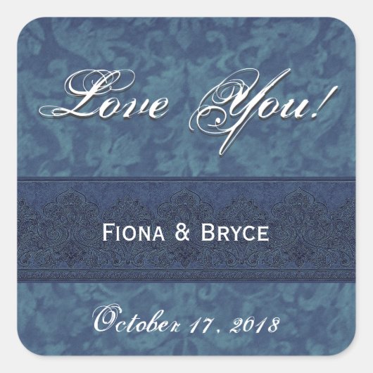 ブルー結婚ズ新郎新婦ダマスク スクエアシール (正面)