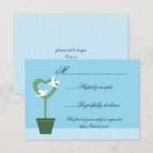 ブルー結婚式招待状RSVPとDoves on Topiary 出欠カード (正面/裏面)