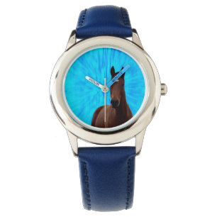 ブルー絞り染め栗の馬キッズレザーウォッチ、 腕時計