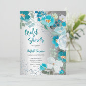 ブルー絵を描シルバーフローラ冬ブライダルシャワー 招待状 (スタンド正面)