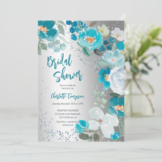 ブルー絵を描シルバーフローラ冬ブライダルシャワー 招待状 (スタンド正面)