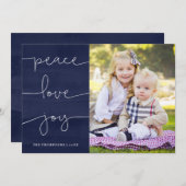ブルー絵を描ピース愛ジョイ写真ホリデーカード シーズンカード (正面/裏面)