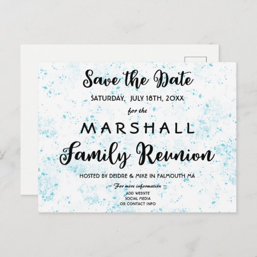 ブルー絵を描(ばちゃばちゃ)跳ねるファミリ懇親会保存日 案内ポストカード (正面/裏面)