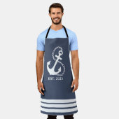 ブルー航海のいかりとストライプ エプロン (着用した状態)