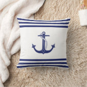 ブルー航海のいかりシンプルネイビー&ホワイトストライプズ クッション (ブランケット)