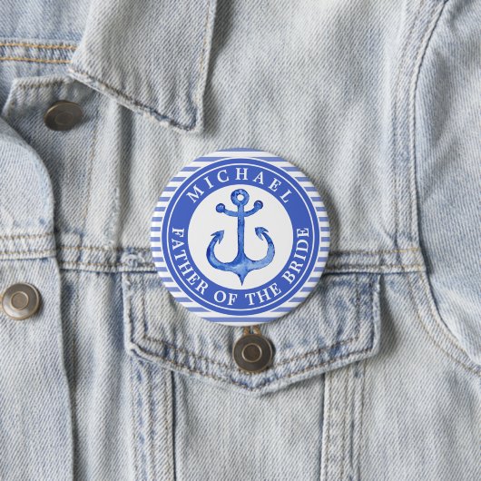 ブルー航海のいかりストライプのウェディングパーティボタン 缶バッジ (インサイチュ)